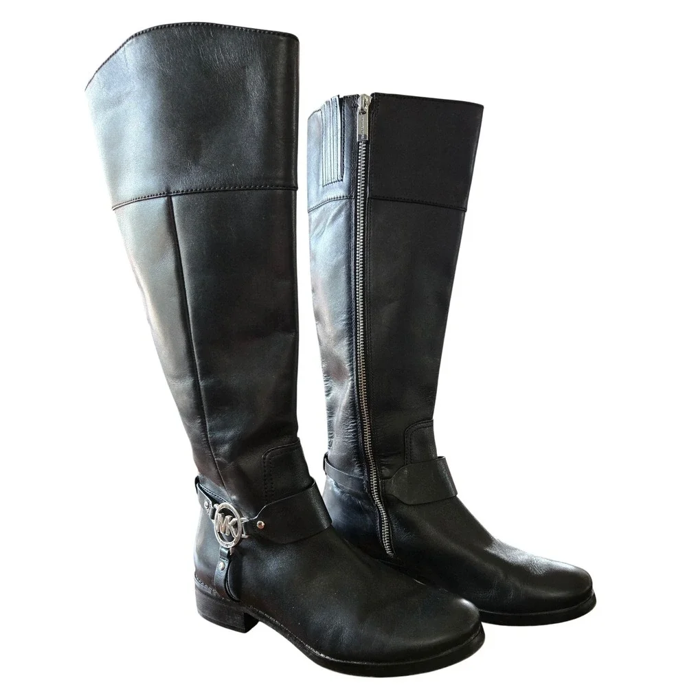Michael Kors Black Leather Tall Riding Boots Silver MK Logo Medallion Womens 7M